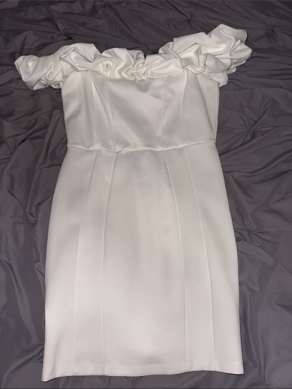 Windsor White Off-Shoulder Ruffle Sheath Dress